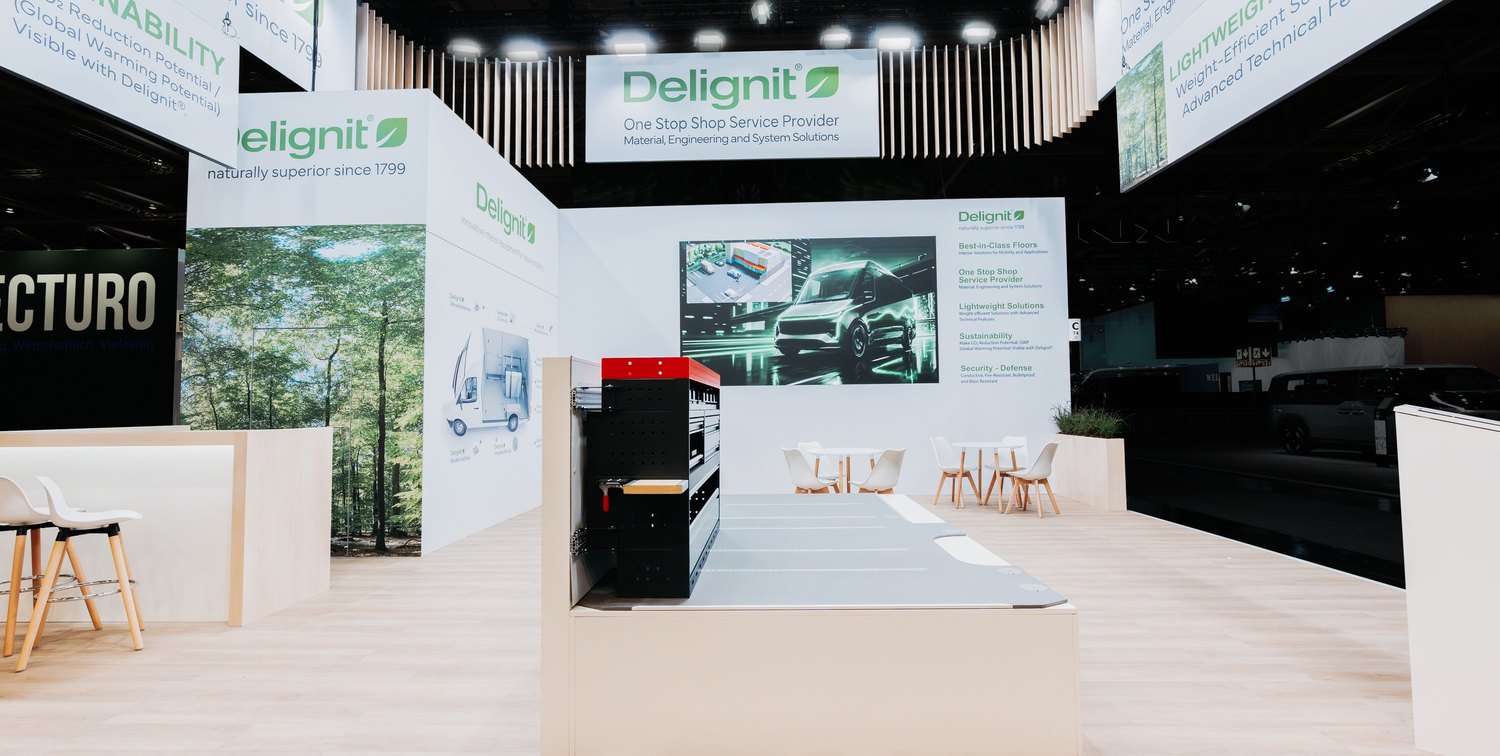 Delignit exhibition stand at IAA Transportation 2026 in Hanover by rocDesign – detail view 2 Delignit exhibition stand at IAA Transportation 2026 in Hanover by rocDesign – detail view 2