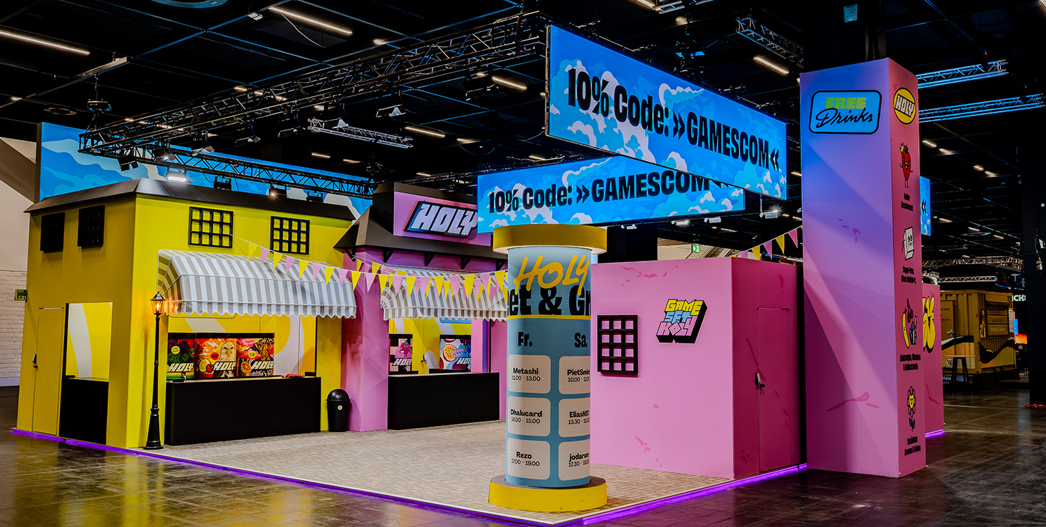 HOLY exhibition stand at gamescom 2026 by rocDesign – detail view 1 HOLY exhibition stand at gamescom 2026 by rocDesign – detail view 1